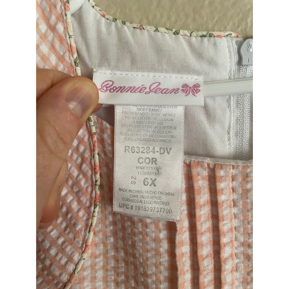 Bonnie Jean Girls Pink Gingham Seersucker Floral Bow Dress 6X Preppy Cottage - Picture 2 of 7